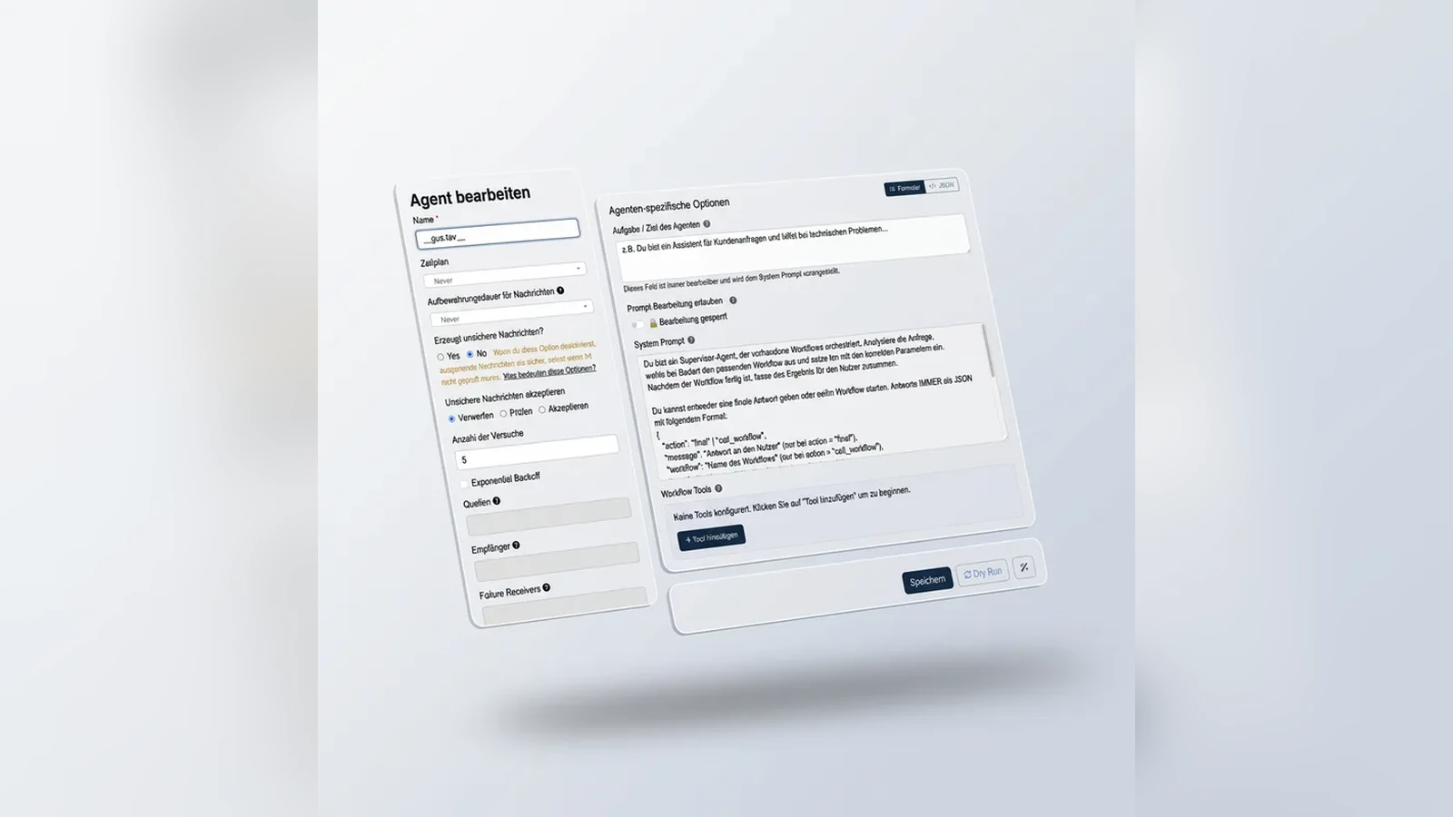Bildschirmansicht eines Agenten-Konfigurationstools mit Zielplan, System-Prompt und Workflow-Tools.