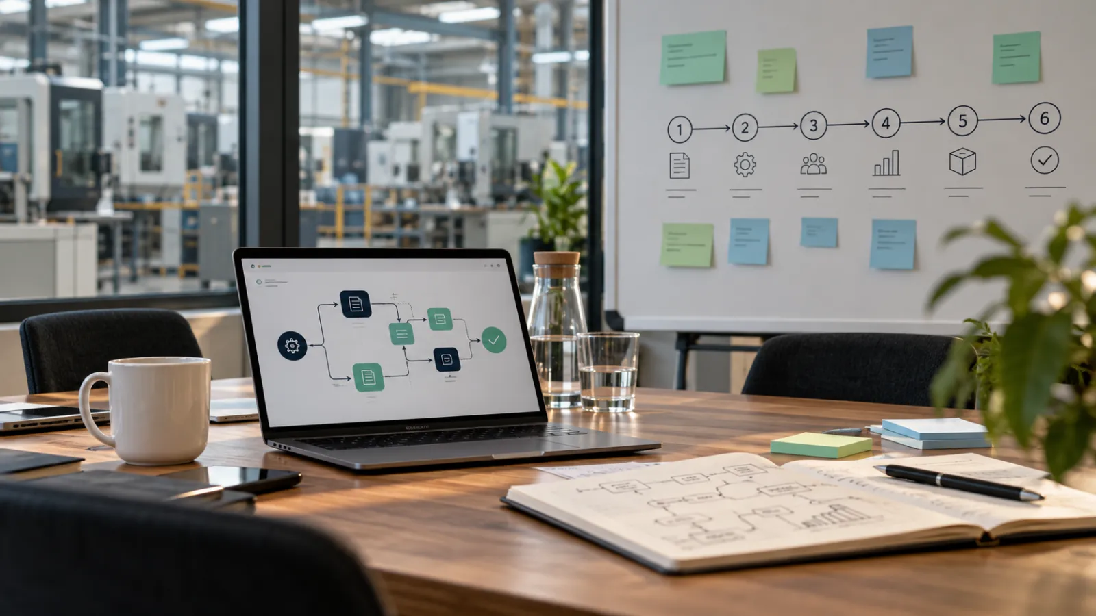 Besprechungsraum mit Blick in eine Produktionshalle: Auf dem Whiteboard ein Ablauf in sechs Phasen, auf dem Laptop ein Workflow.