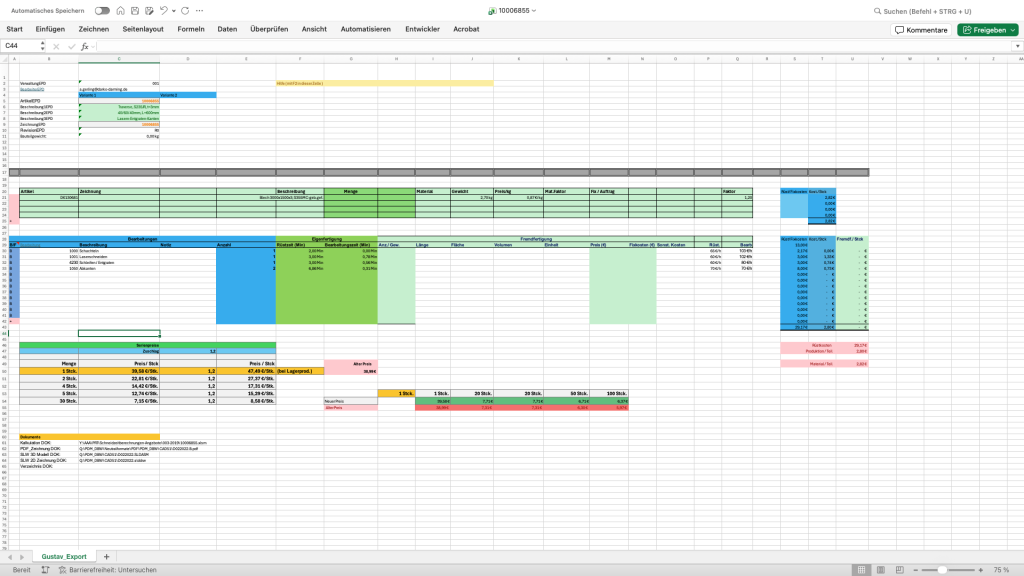 Ansicht des internen Excel-Kalkulationstools bei Darko-Darming