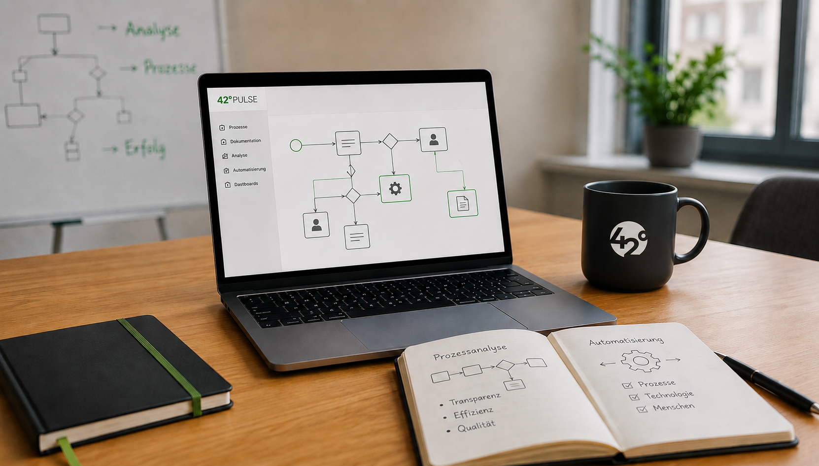 Laptop mit 42°Pulse-Oberfläche und Prozessdiagramm auf einem Schreibtisch, daneben ein Notizbuch mit Prozessanalyse-Skizzen und eine Tasse mit der Aufschrift Prozesse verstehen. Erfolg gestalten. 42°Pulse.